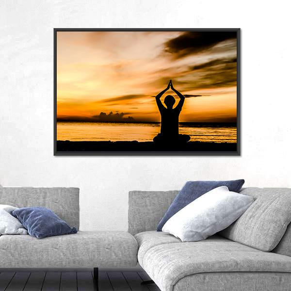 Women Playing Yoga At Beach Side On Sunset Canvas Wall Art-3 Horizontal-Gallery Wrap-25" x 16"-Tiaracle