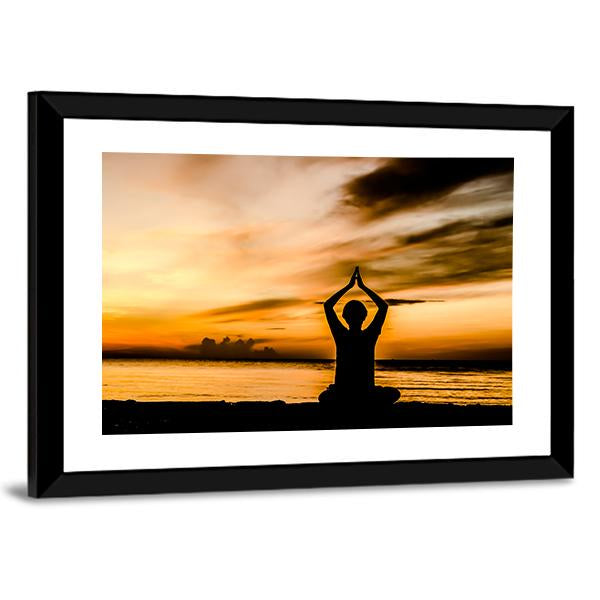 Women Playing Yoga At Beach Side On Sunset Canvas Wall Art-3 Horizontal-Gallery Wrap-25" x 16"-Tiaracle