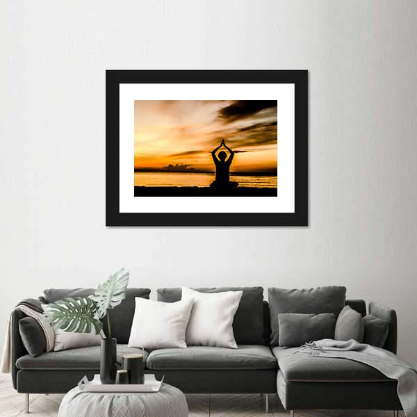 Women Playing Yoga At Beach Side On Sunset Canvas Wall Art-3 Horizontal-Gallery Wrap-25" x 16"-Tiaracle