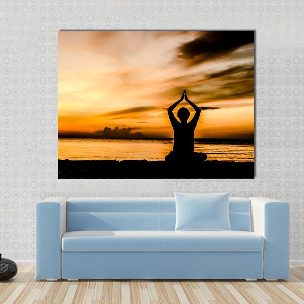 Women Playing Yoga At Beach Side On Sunset Canvas Wall Art-1 Piece-Gallery Wrap-48" x 32"-Tiaracle