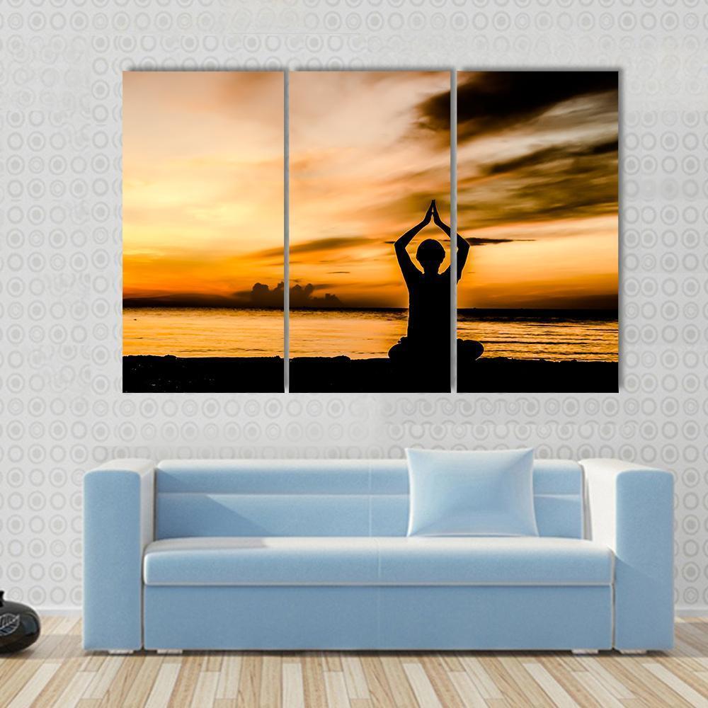 Women Playing Yoga At Beach Side On Sunset Canvas Wall Art-3 Horizontal-Gallery Wrap-37" x 24"-Tiaracle