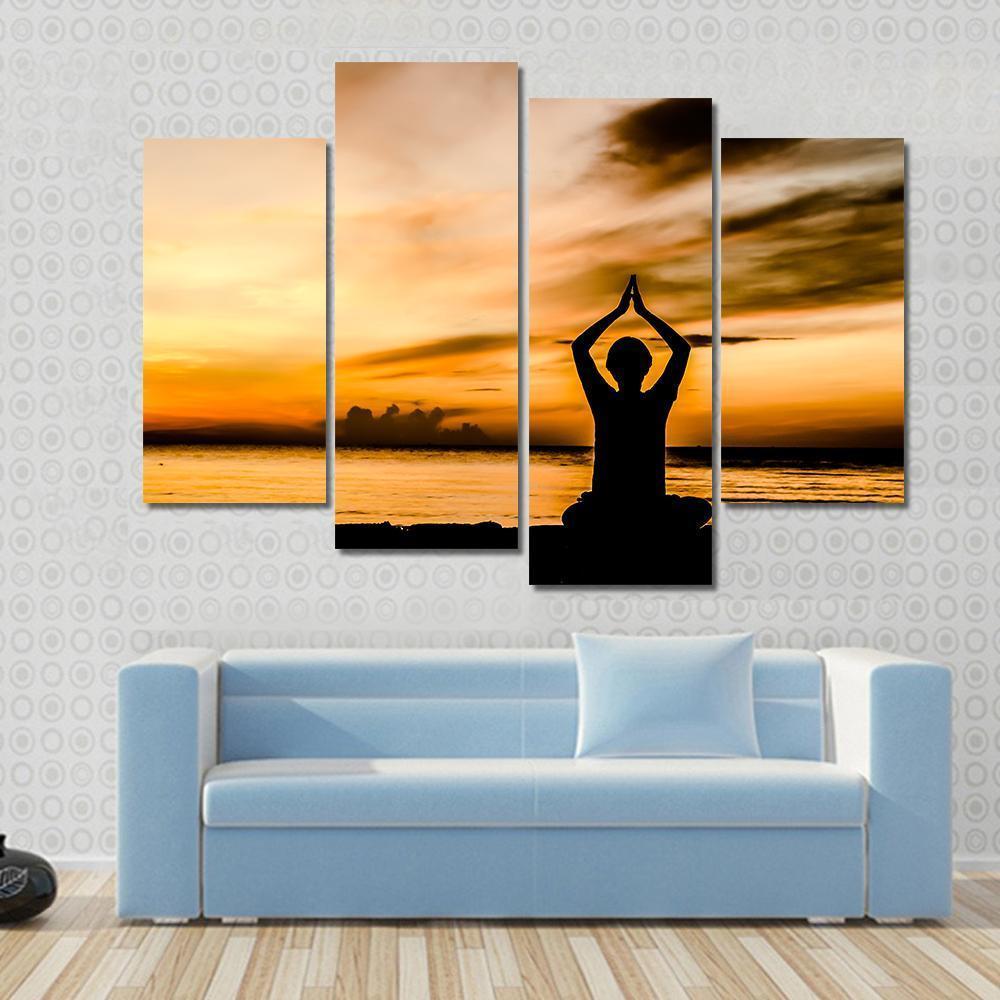 Women Playing Yoga At Beach Side On Sunset Canvas Wall Art-4 Pop-Gallery Wrap-50" x 32"-Tiaracle