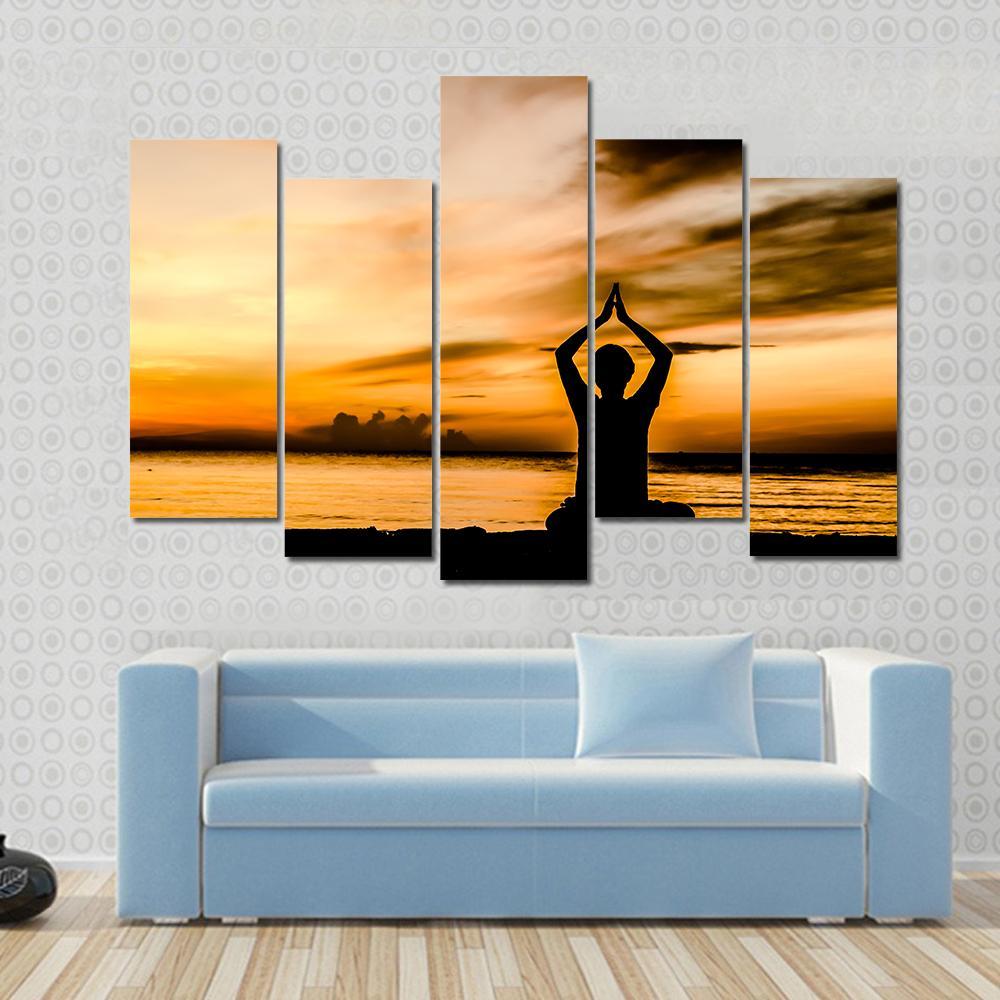 Women Playing Yoga At Beach Side On Sunset Canvas Wall Art-5 Pop-Gallery Wrap-47" x 32"-Tiaracle