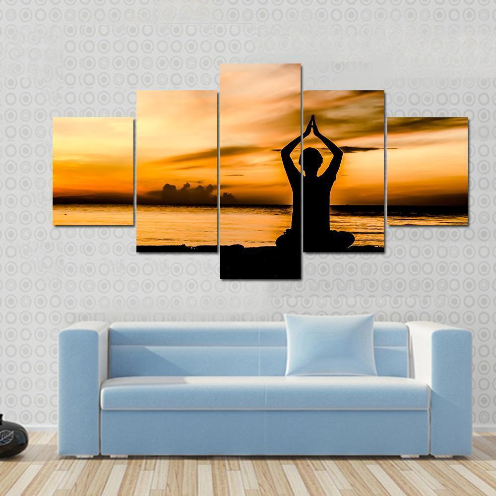 Women Playing Yoga At Beach Side On Sunset Canvas Wall Art-5 Star-Gallery Wrap-62" x 32"-Tiaracle