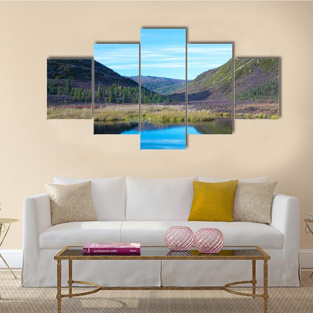 Wonder Lake With A Hill In Autumn Canvas Wall Art-5 Star-Gallery Wrap-62" x 32"-Tiaracle