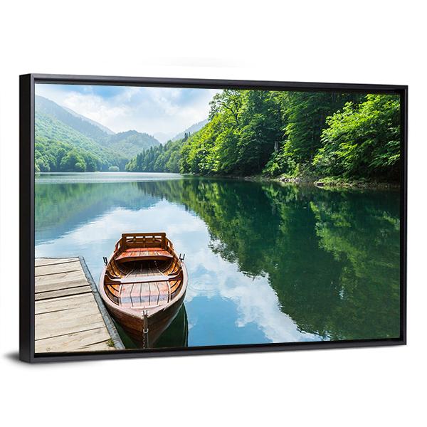 Wooden Boat At Pier On Mountain Lake Canvas Wall Art-3 Horizontal-Gallery Wrap-25" x 16"-Tiaracle