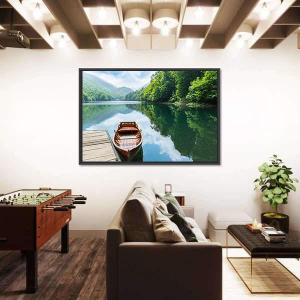 Wooden Boat At Pier On Mountain Lake Canvas Wall Art-3 Horizontal-Gallery Wrap-25" x 16"-Tiaracle