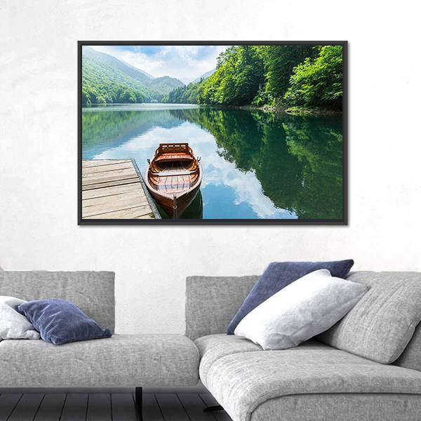 Wooden Boat At Pier On Mountain Lake Canvas Wall Art-3 Horizontal-Gallery Wrap-25" x 16"-Tiaracle
