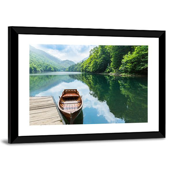 Wooden Boat At Pier On Mountain Lake Canvas Wall Art-3 Horizontal-Gallery Wrap-25" x 16"-Tiaracle
