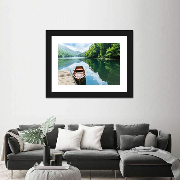Wooden Boat At Pier On Mountain Lake Canvas Wall Art-3 Horizontal-Gallery Wrap-25" x 16"-Tiaracle