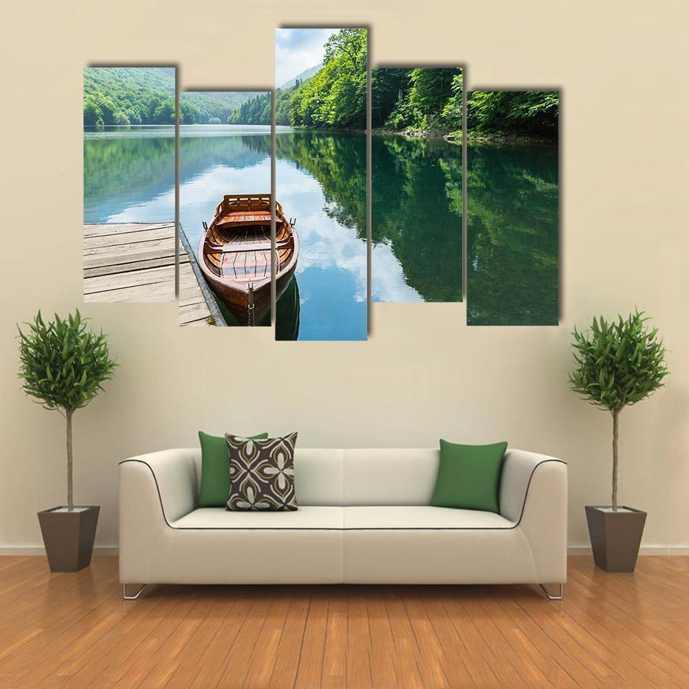 Wooden Boat At Pier On Mountain Lake Canvas Wall Art-5 Pop-Gallery Wrap-47" x 32"-Tiaracle