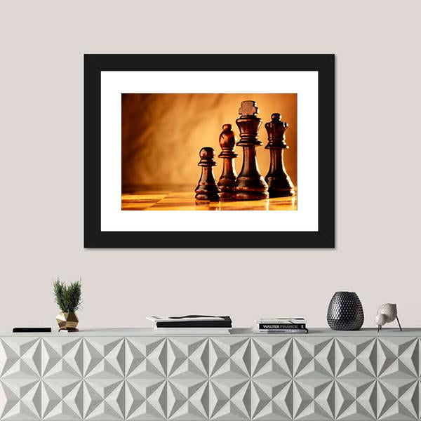 Wooden Chess Pieces Standing In A Line On A Chessboard Canvas Wall Art-1 Piece-Framed Print-20" x 16"-Tiaracle