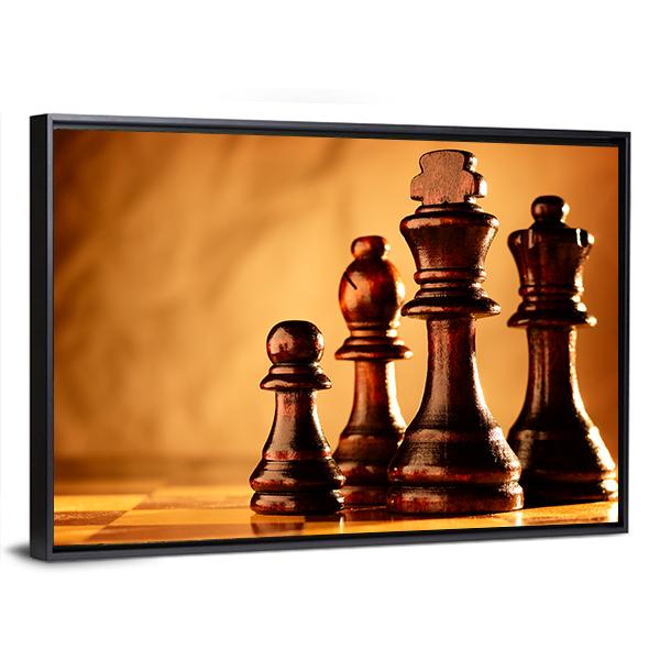 Wooden Chess Pieces Standing In A Line On A Chessboard Canvas Wall Art-3 Horizontal-Gallery Wrap-25" x 16"-Tiaracle