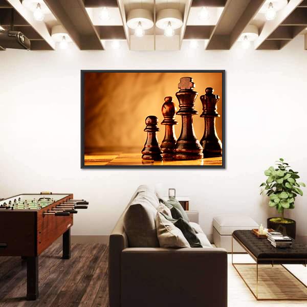 Wooden Chess Pieces Standing In A Line On A Chessboard Canvas Wall Art-3 Horizontal-Gallery Wrap-25" x 16"-Tiaracle