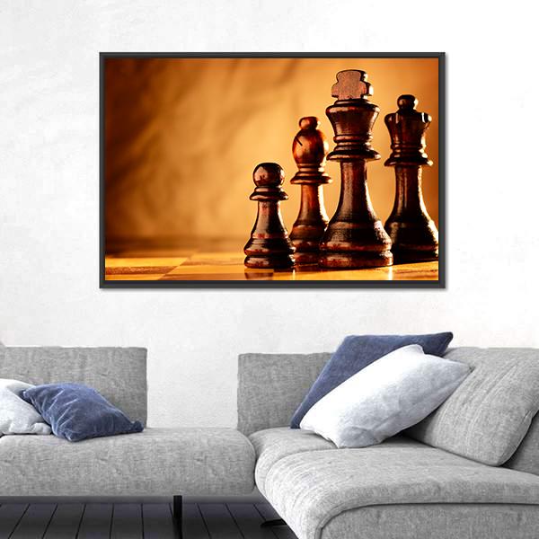 Wooden Chess Pieces Standing In A Line On A Chessboard Canvas Wall Art-3 Horizontal-Gallery Wrap-25" x 16"-Tiaracle