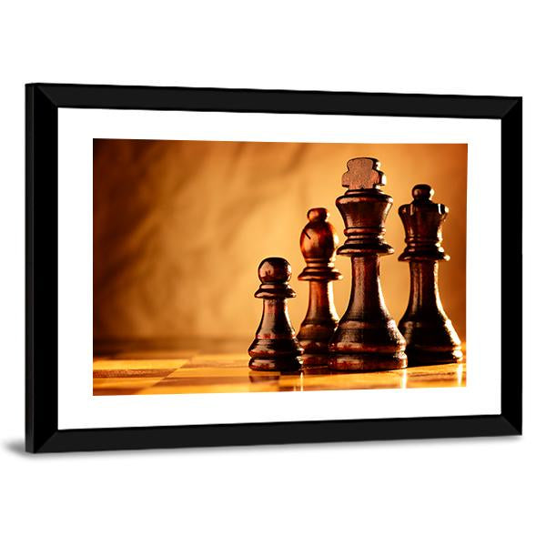 Wooden Chess Pieces Standing In A Line On A Chessboard Canvas Wall Art-3 Horizontal-Gallery Wrap-25" x 16"-Tiaracle