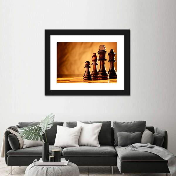 Wooden Chess Pieces Standing In A Line On A Chessboard Canvas Wall Art-3 Horizontal-Gallery Wrap-25" x 16"-Tiaracle