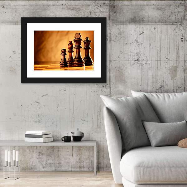 Wooden Chess Pieces Standing In A Line On A Chessboard Canvas Wall Art-3 Horizontal-Gallery Wrap-25" x 16"-Tiaracle