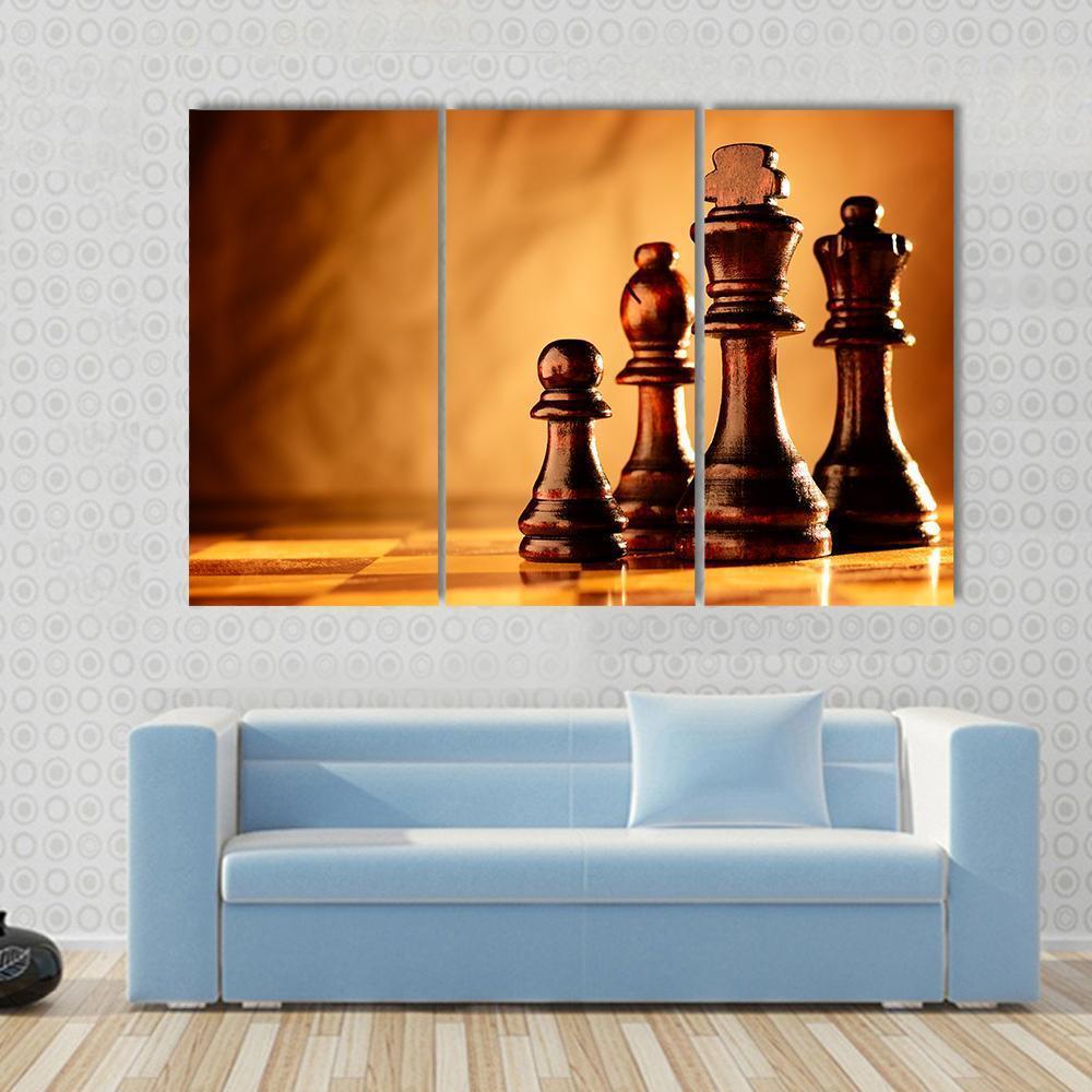 Wooden Chess Pieces Standing In A Line On A Chessboard Canvas Wall Art-3 Horizontal-Gallery Wrap-37" x 24"-Tiaracle