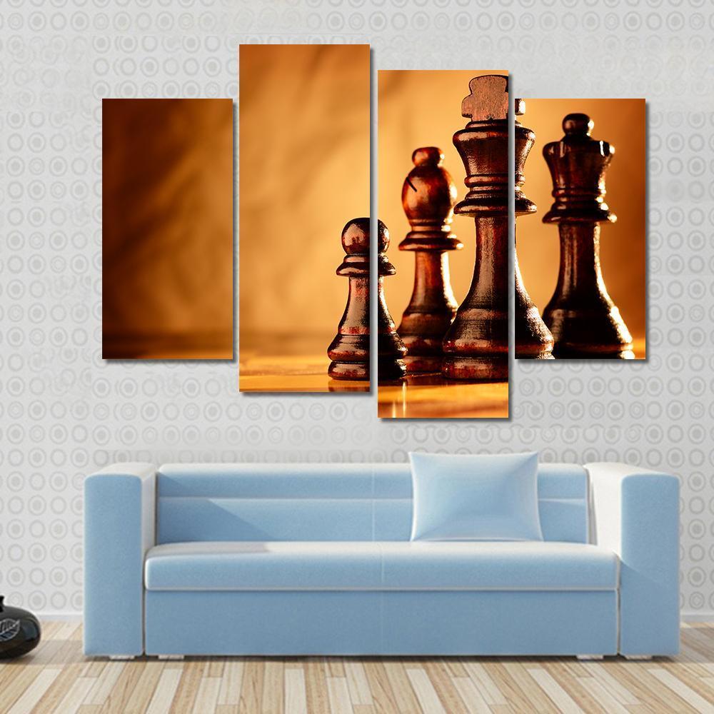 Wooden Chess Pieces Standing In A Line On A Chessboard Canvas Wall Art-4 Pop-Gallery Wrap-50" x 32"-Tiaracle