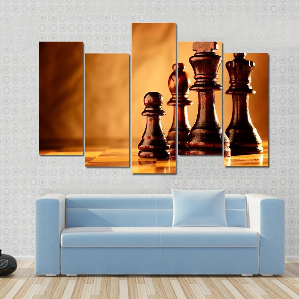 Wooden Chess Pieces Standing In A Line On A Chessboard Canvas Wall Art-5 Pop-Gallery Wrap-47" x 32"-Tiaracle