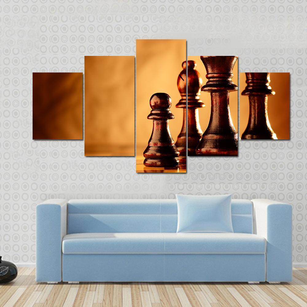 Wooden Chess Pieces Standing In A Line On A Chessboard Canvas Wall Art-5 Star-Gallery Wrap-62" x 32"-Tiaracle