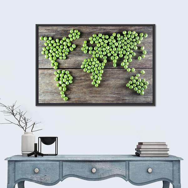 World Map Made From Green Peas Canvas Wall Art-1 Piece-Floating Frame-24" x 16"-Tiaracle