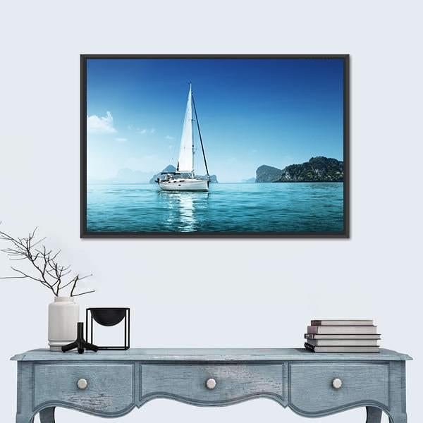 Yacht And Blue Water Ocean Canvas Wall Art-1 Piece-Floating Frame-24" x 16"-Tiaracle