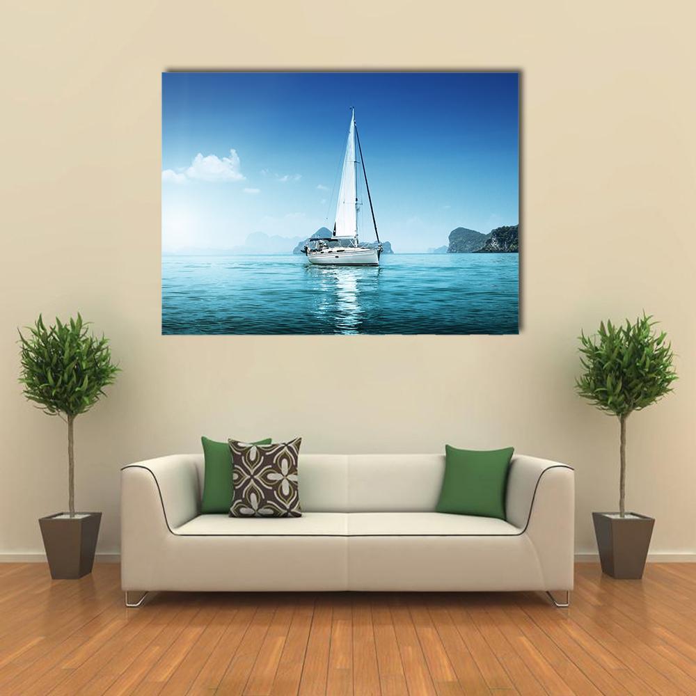 Yacht And Blue Water Ocean Canvas Wall Art-1 Piece-Gallery Wrap-48" x 32"-Tiaracle