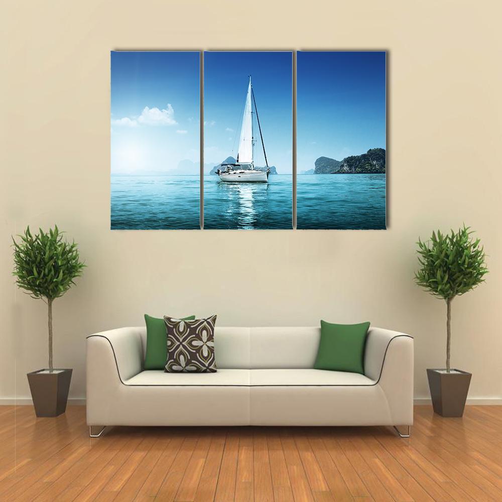 Yacht And Blue Water Ocean Canvas Wall Art-3 Horizontal-Gallery Wrap-37" x 24"-Tiaracle