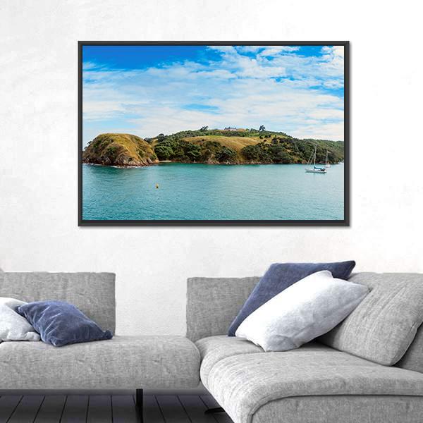 Yacht In Bay In New Zealand Canvas Wall Art-3 Horizontal-Gallery Wrap-25" x 16"-Tiaracle