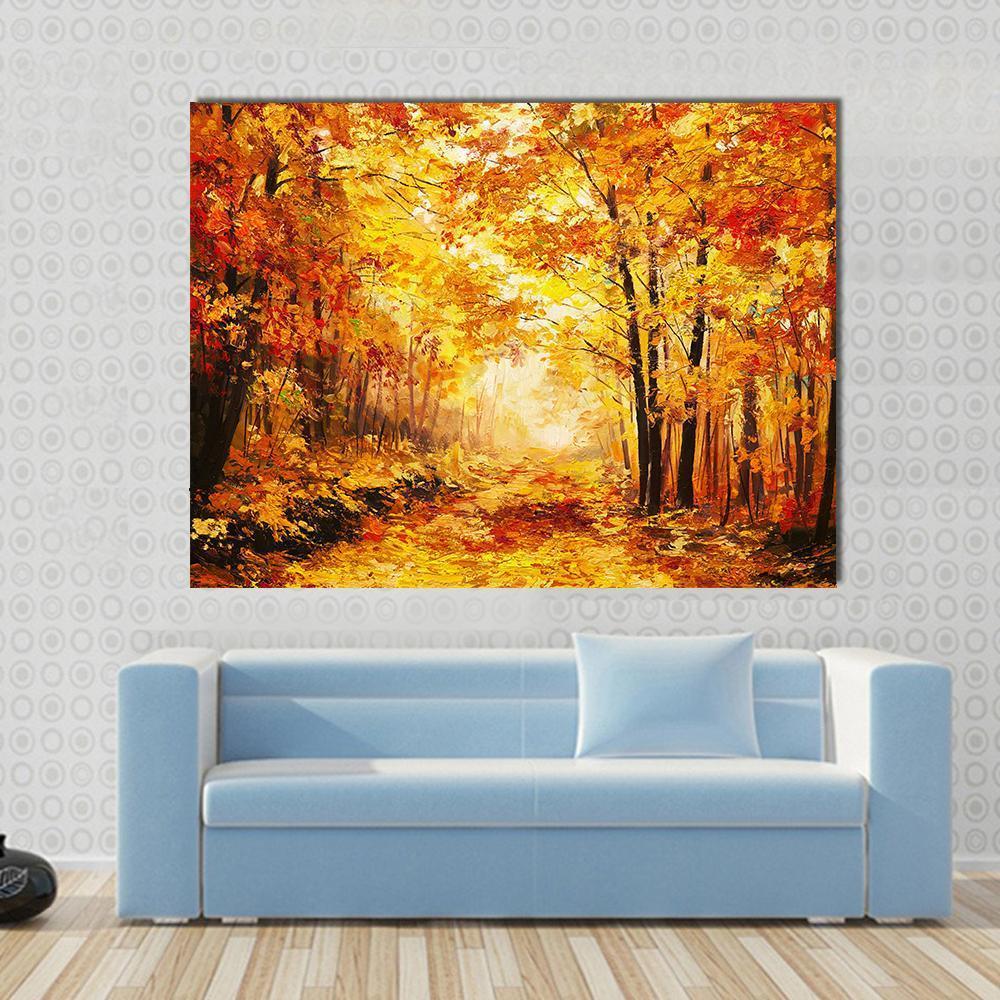 Yellow Autumn Forest Canvas Wall Art-1 Piece-Gallery Wrap-48" x 32"-Tiaracle