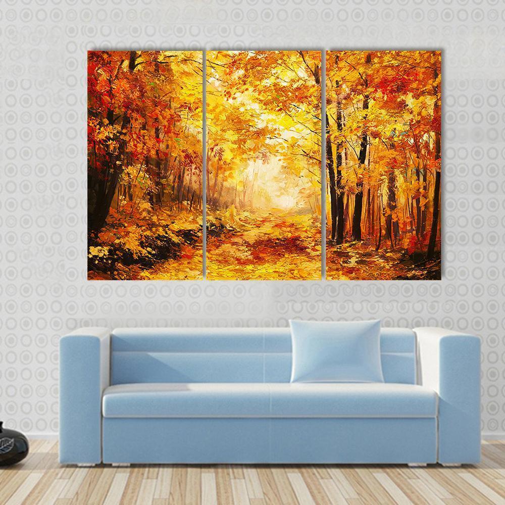 Yellow Autumn Forest Canvas Wall Art-3 Horizontal-Gallery Wrap-37" x 24"-Tiaracle