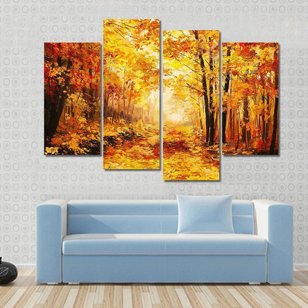 Yellow Autumn Forest Canvas Wall Art-4 Pop-Gallery Wrap-50" x 32"-Tiaracle