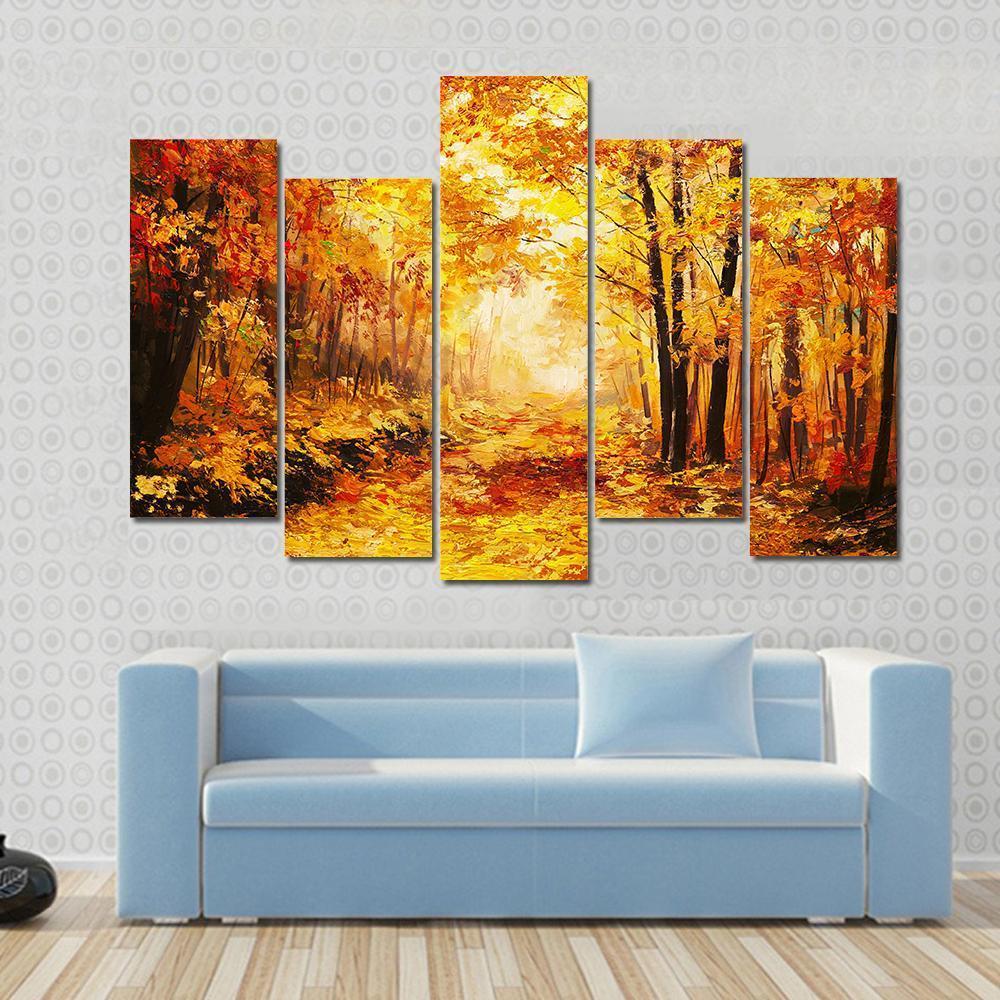 Yellow Autumn Forest Canvas Wall Art-5 Pop-Gallery Wrap-47" x 32"-Tiaracle