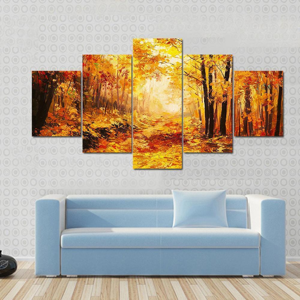 Yellow Autumn Forest Canvas Wall Art-5 Star-Gallery Wrap-62" x 32"-Tiaracle