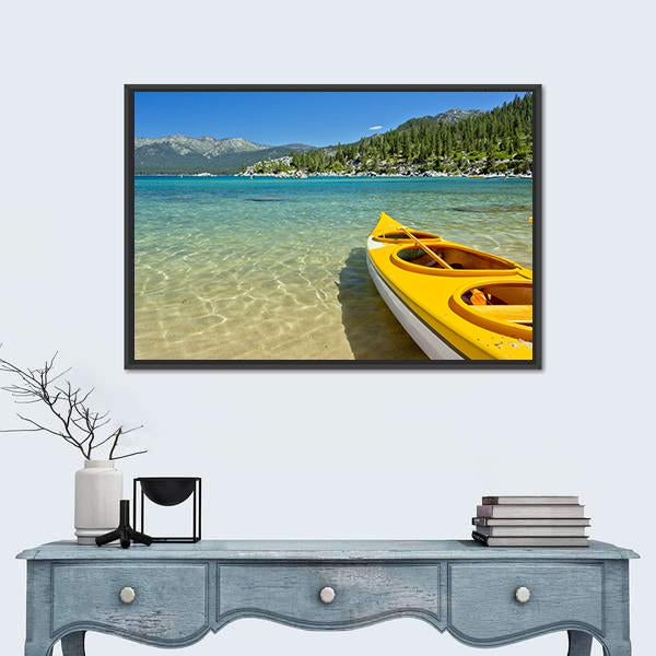 Yellow Kayak On The Beach Canvas Wall Art-1 Piece-Floating Frame-24" x 16"-Tiaracle