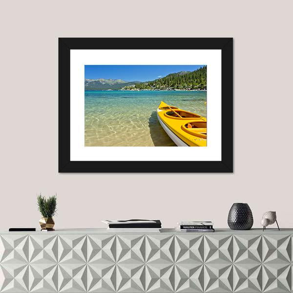 Yellow Kayak On The Beach Canvas Wall Art-1 Piece-Framed Print-20" x 16"-Tiaracle