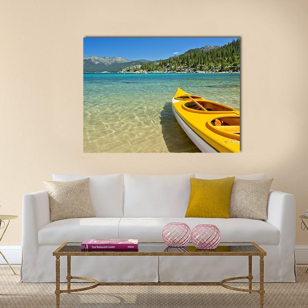 Yellow Kayak On The Beach Canvas Wall Art-1 Piece-Gallery Wrap-48" x 32"-Tiaracle