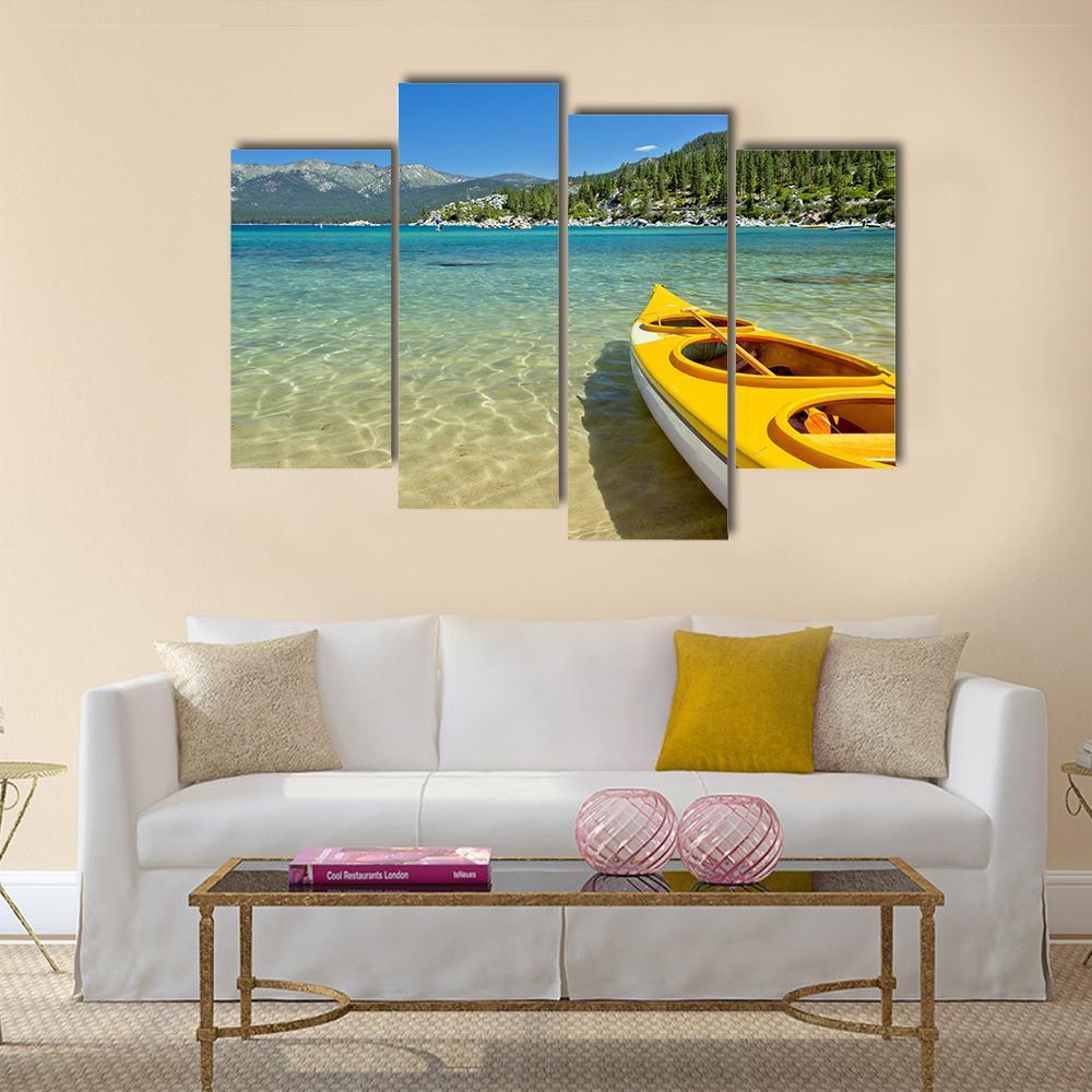 Yellow Kayak On The Beach Canvas Wall Art-4 Pop-Gallery Wrap-50" x 32"-Tiaracle