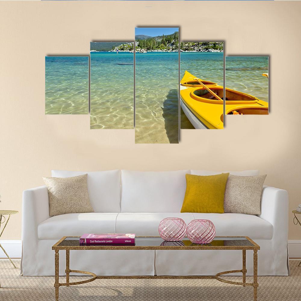 Yellow Kayak On The Beach Canvas Wall Art-5 Star-Gallery Wrap-62" x 32"-Tiaracle