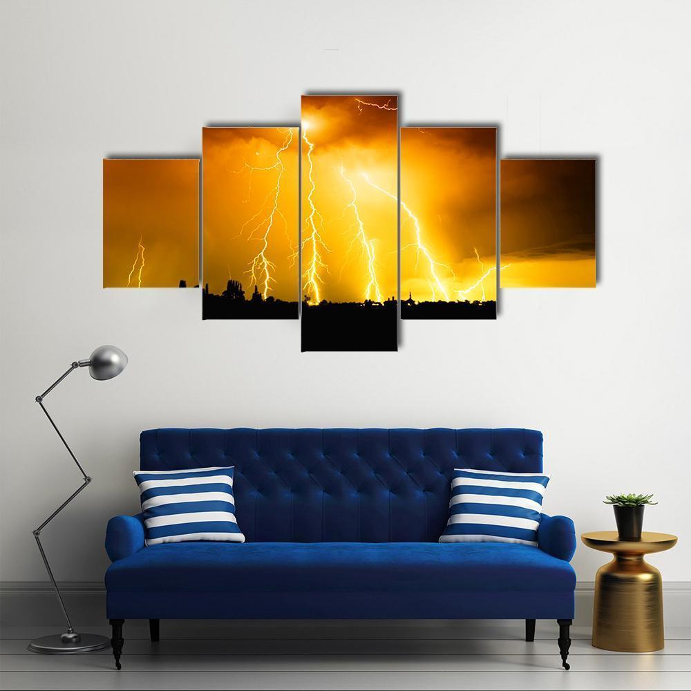 Yellow Light Thunderbolts Canvas Wall Art-5 Star-Gallery Wrap-62" x 32"-Tiaracle