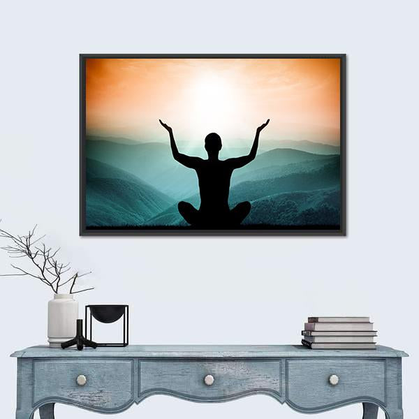 Yoga And Meditation Silhouette Of Man On The Mountain Canvas Wall Art-1 Piece-Floating Frame-24" x 16"-Tiaracle