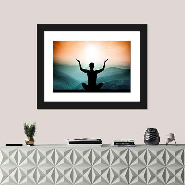 Yoga And Meditation Silhouette Of Man On The Mountain Canvas Wall Art-1 Piece-Framed Print-20" x 16"-Tiaracle