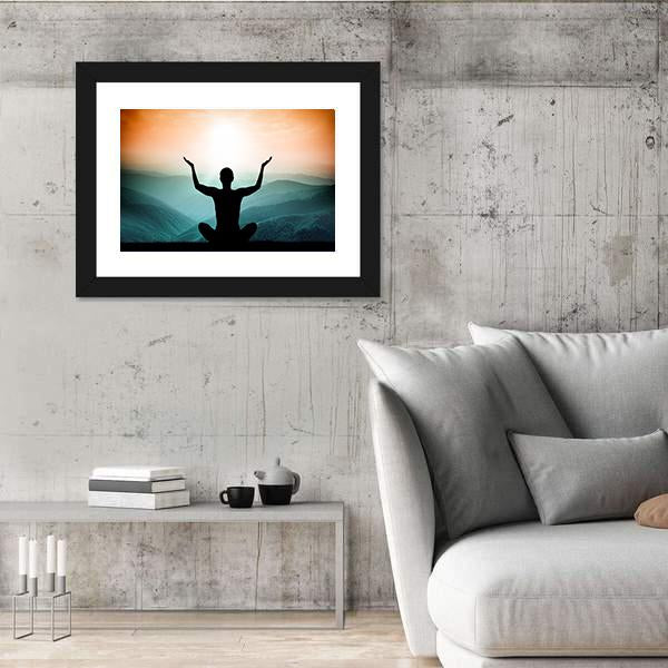 Yoga And Meditation Silhouette Of Man On The Mountain Canvas Wall Art-3 Horizontal-Gallery Wrap-25" x 16"-Tiaracle