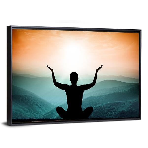 Yoga And Meditation Silhouette Of Man On The Mountain Canvas Wall Art-3 Horizontal-Gallery Wrap-25" x 16"-Tiaracle