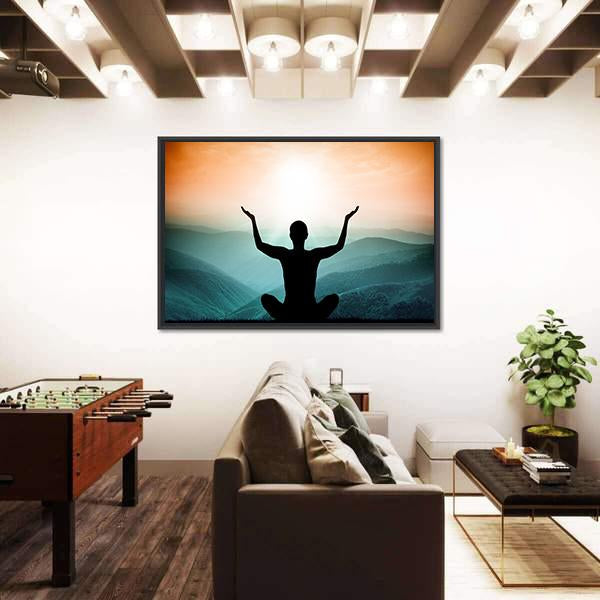 Yoga And Meditation Silhouette Of Man On The Mountain Canvas Wall Art-3 Horizontal-Gallery Wrap-25" x 16"-Tiaracle