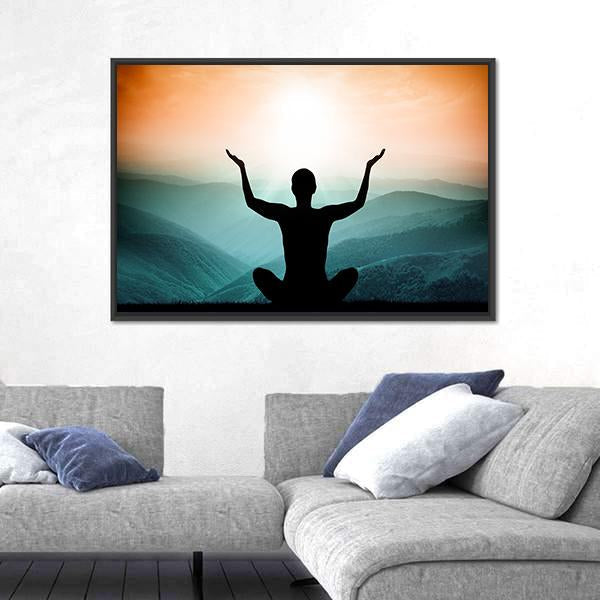 Yoga And Meditation Silhouette Of Man On The Mountain Canvas Wall Art-3 Horizontal-Gallery Wrap-25" x 16"-Tiaracle