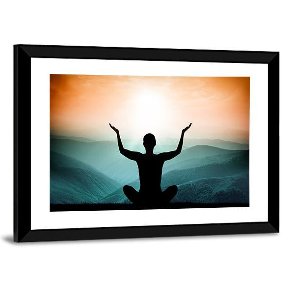 Yoga And Meditation Silhouette Of Man On The Mountain Canvas Wall Art-3 Horizontal-Gallery Wrap-25" x 16"-Tiaracle