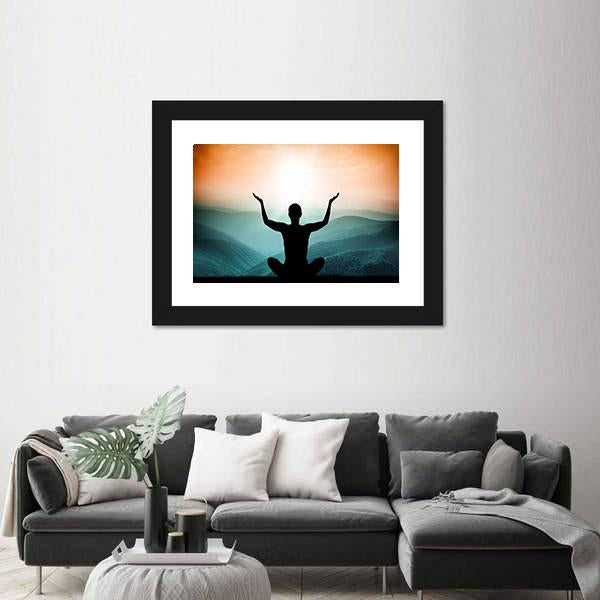 Yoga And Meditation Silhouette Of Man On The Mountain Canvas Wall Art-3 Horizontal-Gallery Wrap-25" x 16"-Tiaracle